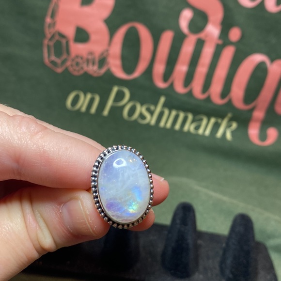Solid Sterling Silver Rainbow Moonstone Ring - Picture 3 of 4
